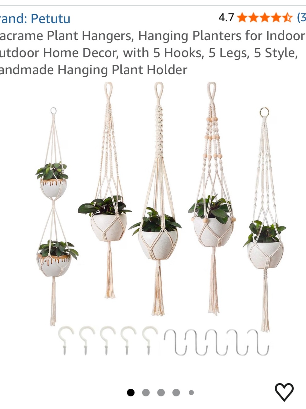 Petutu 5 Pack Macramé Plant Hangers – New in Box – Boho Hanging Planters